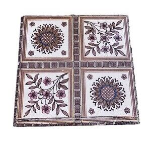 Dutch Delft Brown Tile Dogwood Floral Ceramic Large 6x6 In Trivet Vintage